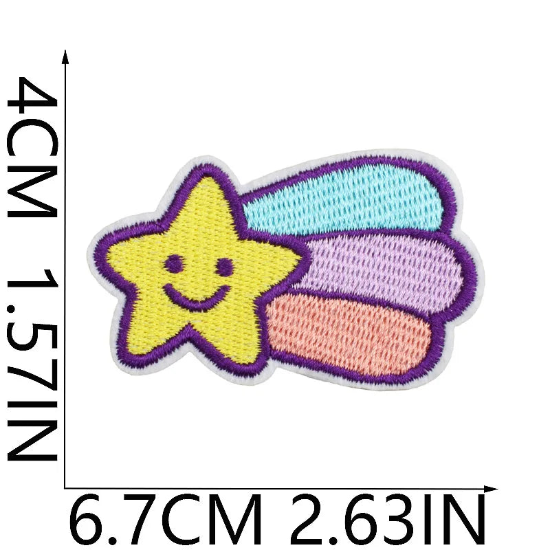 A colorful embroidery patch featuring a yellow star and purple butterfly on a white background.