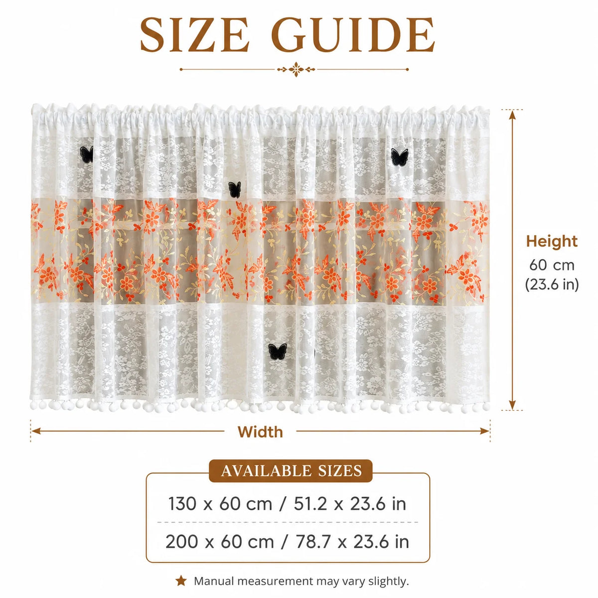 A size guide for a white lace cafe curtain featuring orange floral embroidery and black butterfly appliqués.