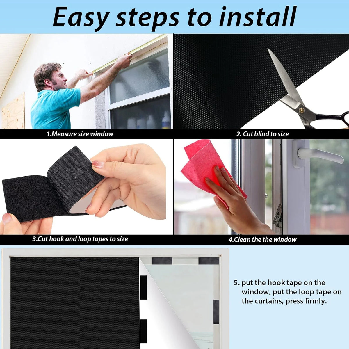 Instructions showing how to install no-drill blackout curtains using adhesive strips on a window.