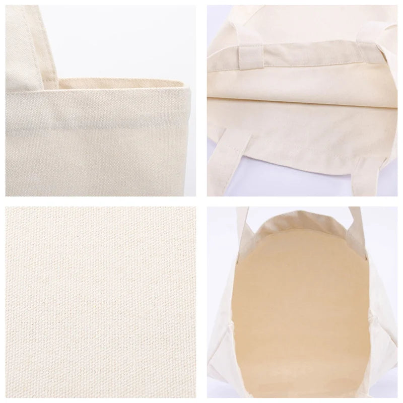 A beige reusable canvas tote bag shown from various angles, including a close-up of the fabric and the bag's structure.