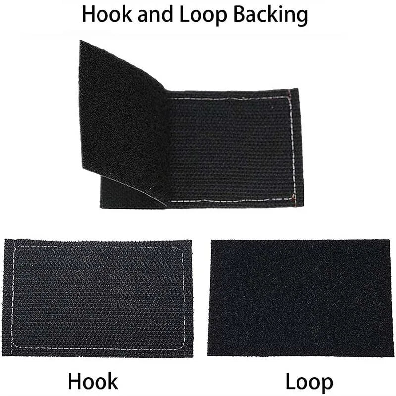 Black hook and loop backing patches shown separately, labeled as Hook and Loop.