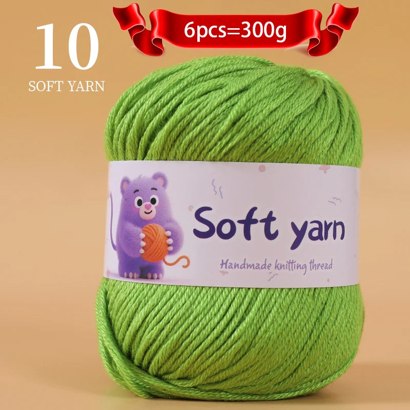 A ball of 10 soft green yarn labeled as handmade knitting thread for crafting.