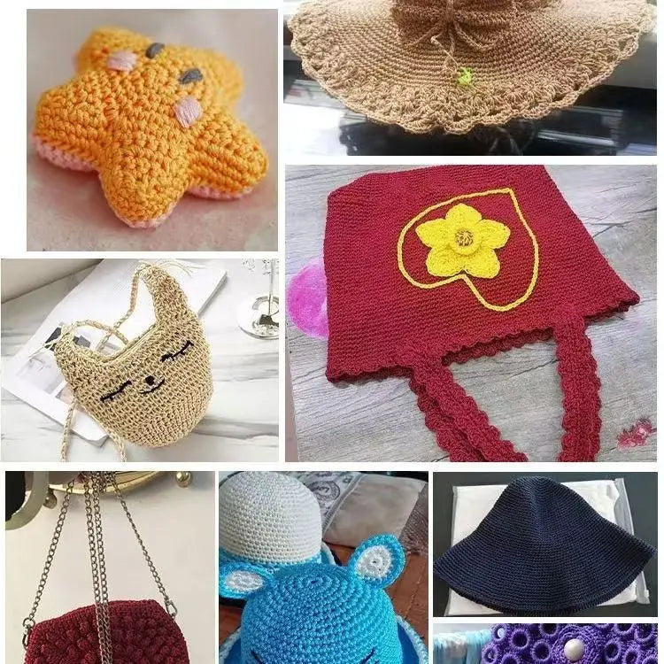 A collection of crochet items including a yellow bear, a red hat with a yellow flower, and various knitted or crocheted acces