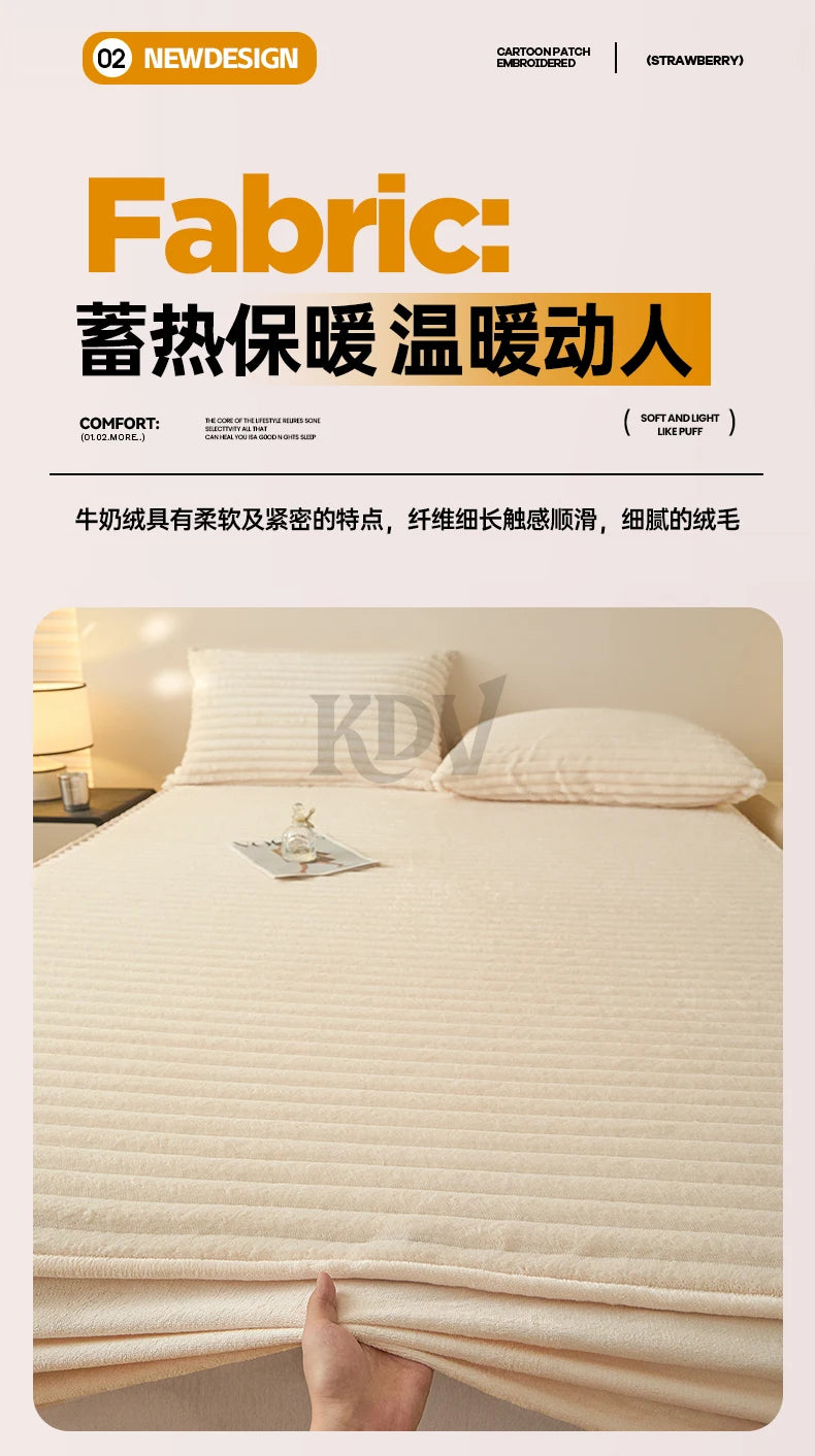 A close-up of a beige, ribbed fitted bed sheet being held by a hand on a bed.