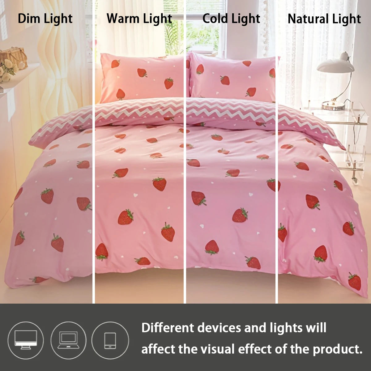 Pink strawberry print duvet cover set displayed in dim, warm, cold, and natural light settings.