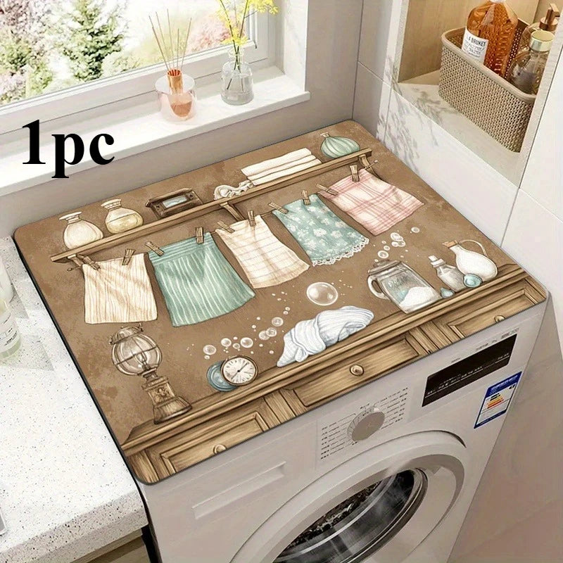 A vintage laundry appliance cover is displayed on a washing machine, featuring various small glass and fabric items.