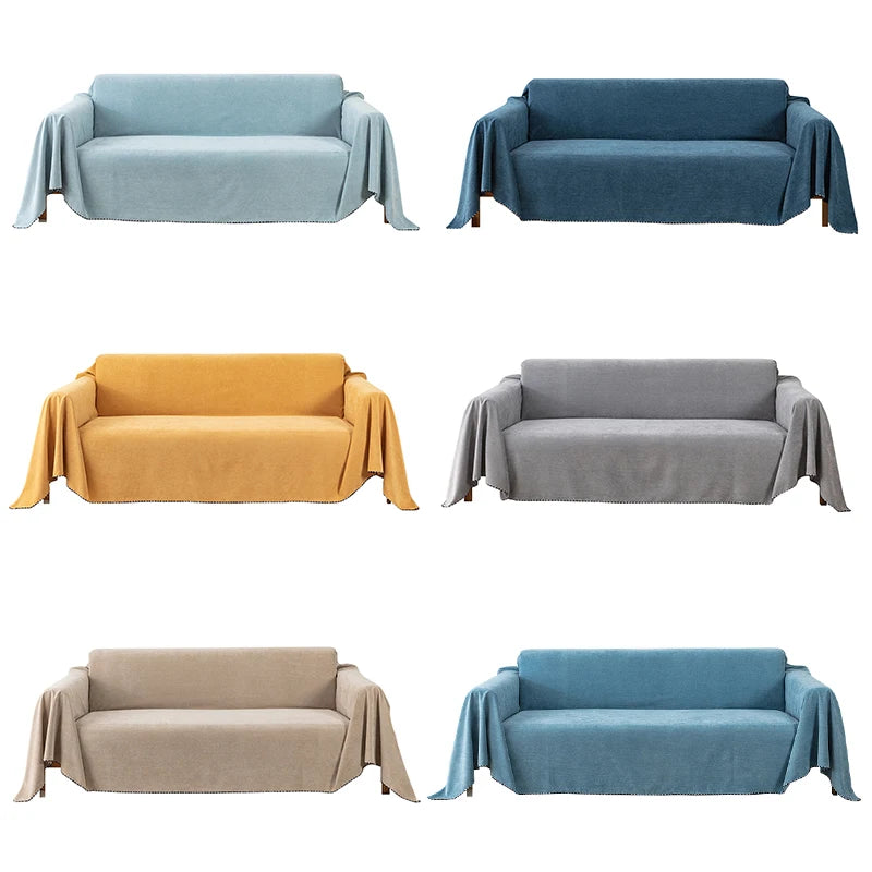 Four examples of waterproof sofa covers in light blue, dark blue, mustard yellow, gray, and dusty beige.