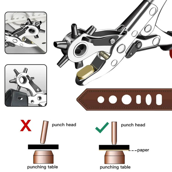 A precision rotating leather punch set showing various tools and a punching table.