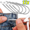 A hand is using a bendable spring drawstring threader tool to manipulate a denim fabric opening.