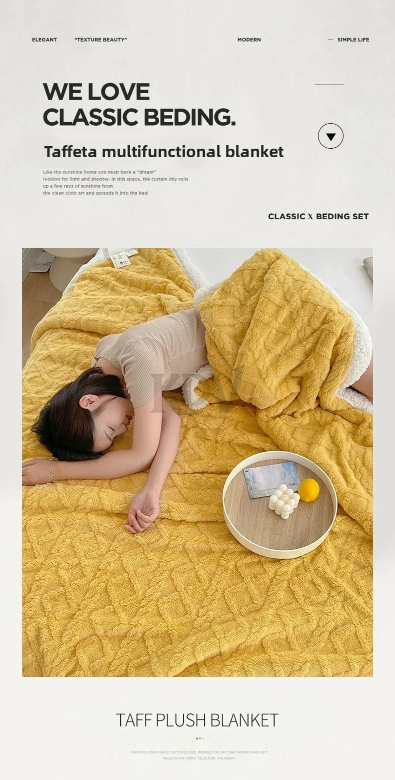 A yellow taffla multifunctional blanket is draped over a person relaxing on a sofa.