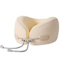 A beige U-shaped memory foam travel neck pillow with a cooling cover.