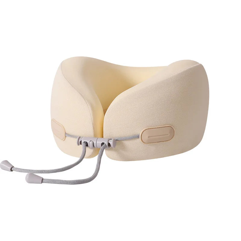 A beige U-shaped memory foam travel neck pillow with a cooling cover.