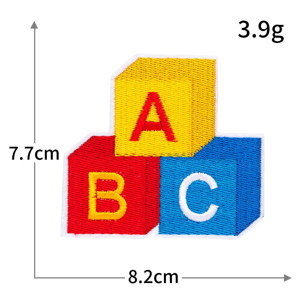 Three colorful foam blocks labeled A, B, and C stacked together with measurements shown.