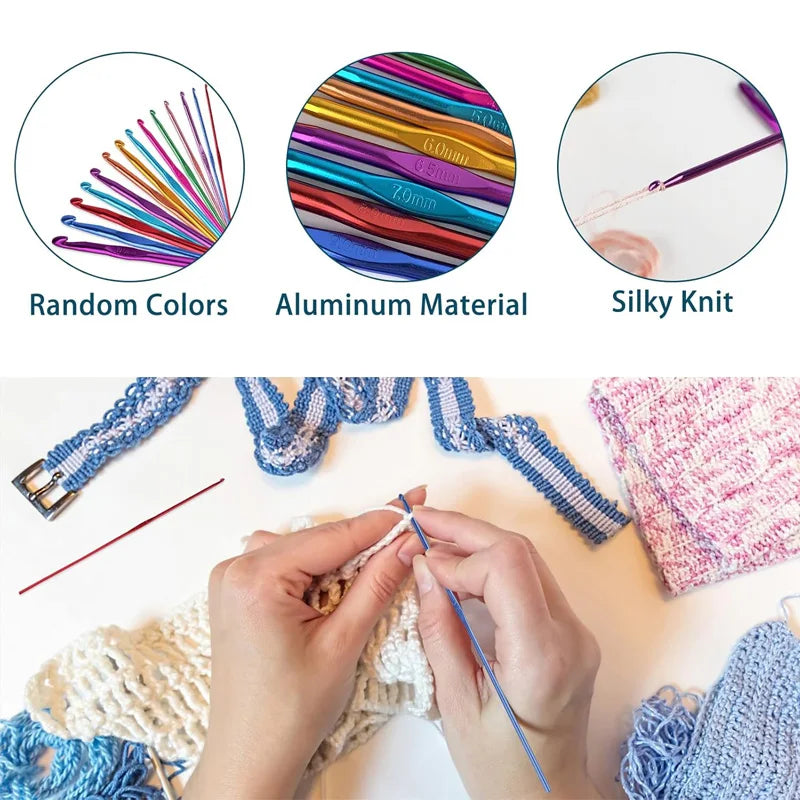 Hands are using an aluminum crochet hook to work on a knitted fabric.