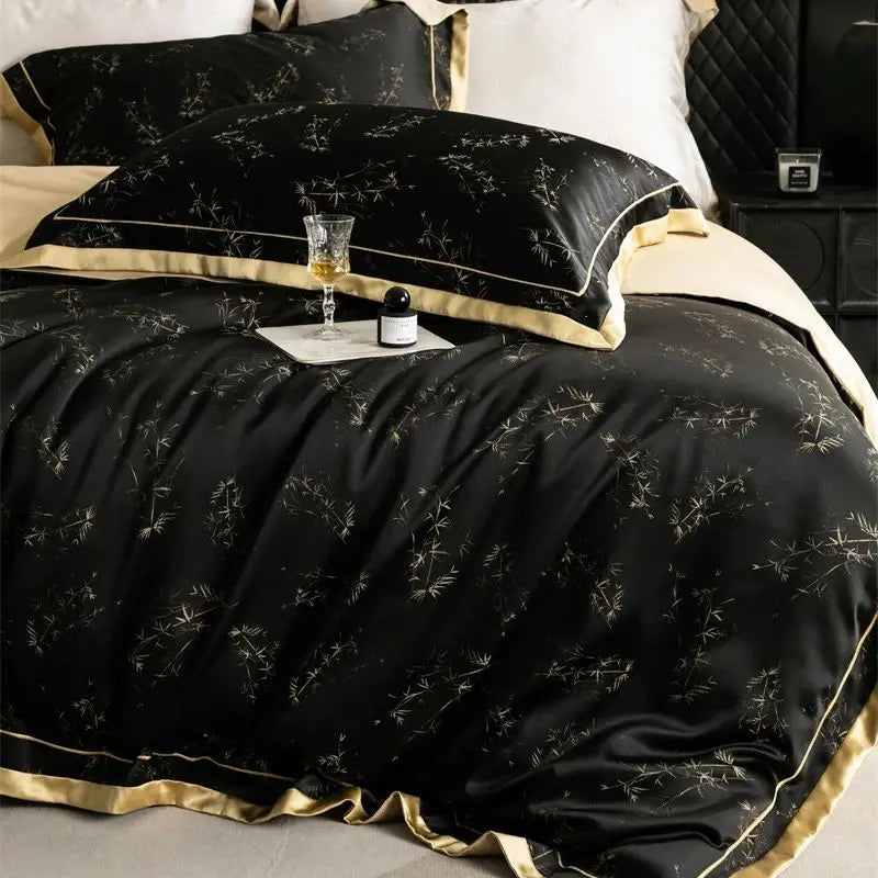 Black luxury lyocell eucalyptus bedding set with gold trim and decorative embroidery