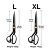 Comparison of Large (L) and Extra Large (XL) professional high carbon steel tailor's shears showing size differences.