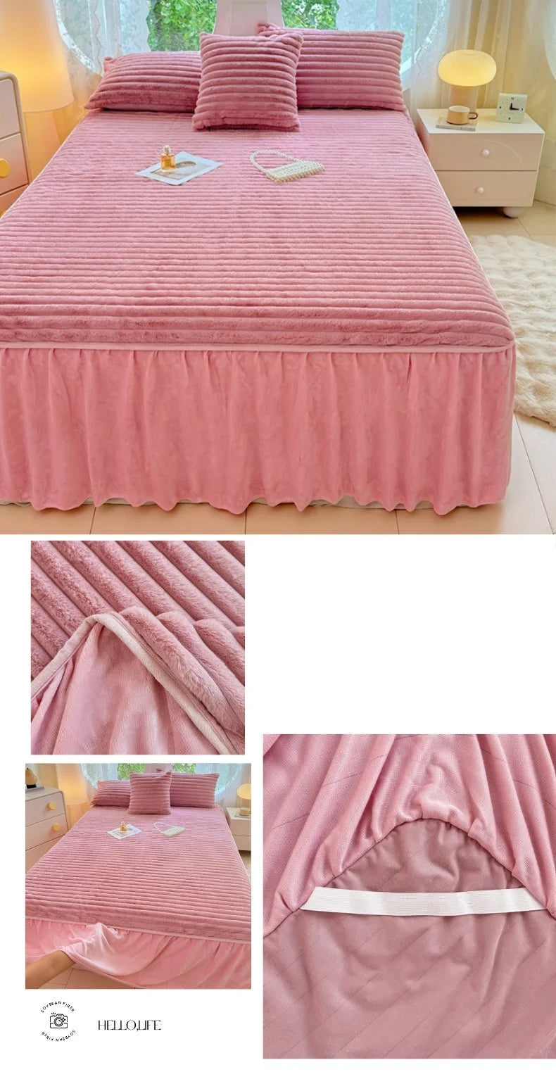 A pink plush bed skirt linen set featuring quilted fabric and a gathered design.
