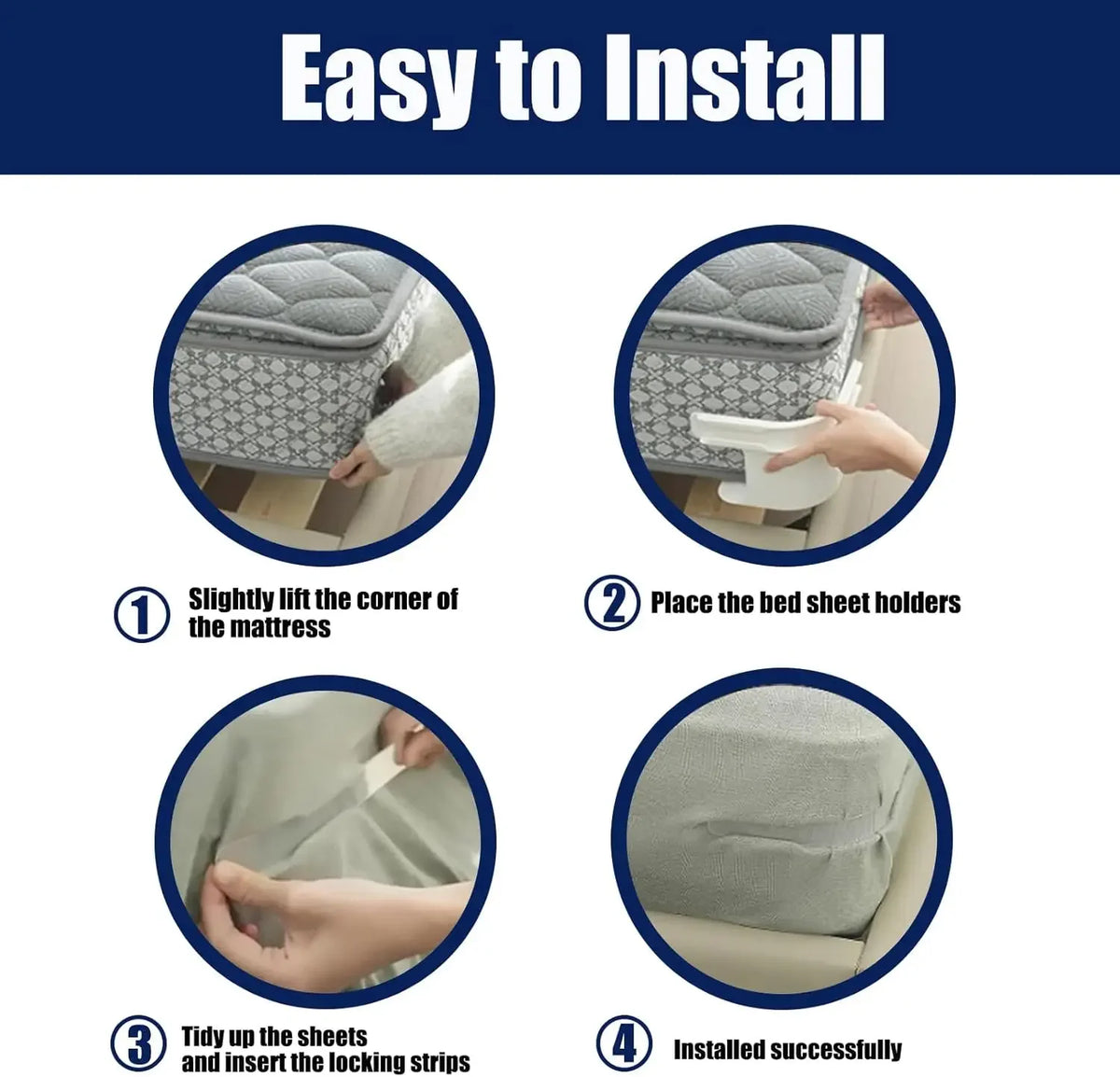 Instructions for easily installing invisible bed sheet fixing clips on a mattress.