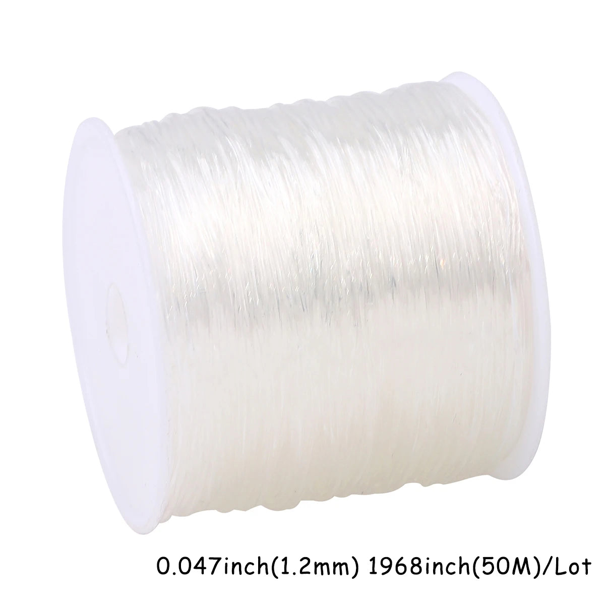 A spool of transparent elastic cord for jewelry making, measuring 1968 inches (50M).