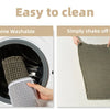 A close-up of a gray waffle bath mat being washed in a machine and another mat being shaken off dust.
