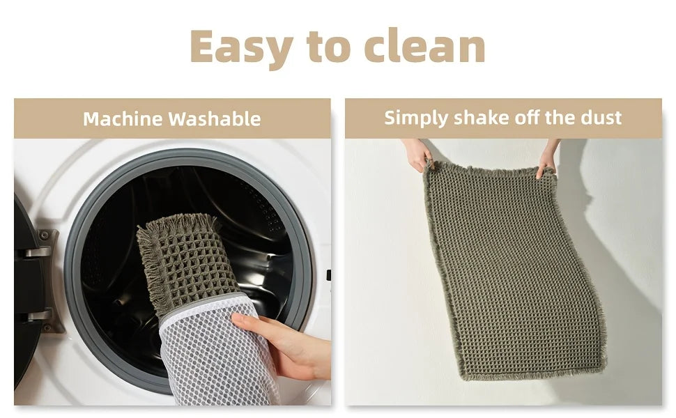 A close-up of a gray waffle bath mat being washed in a machine and another mat being shaken off dust.