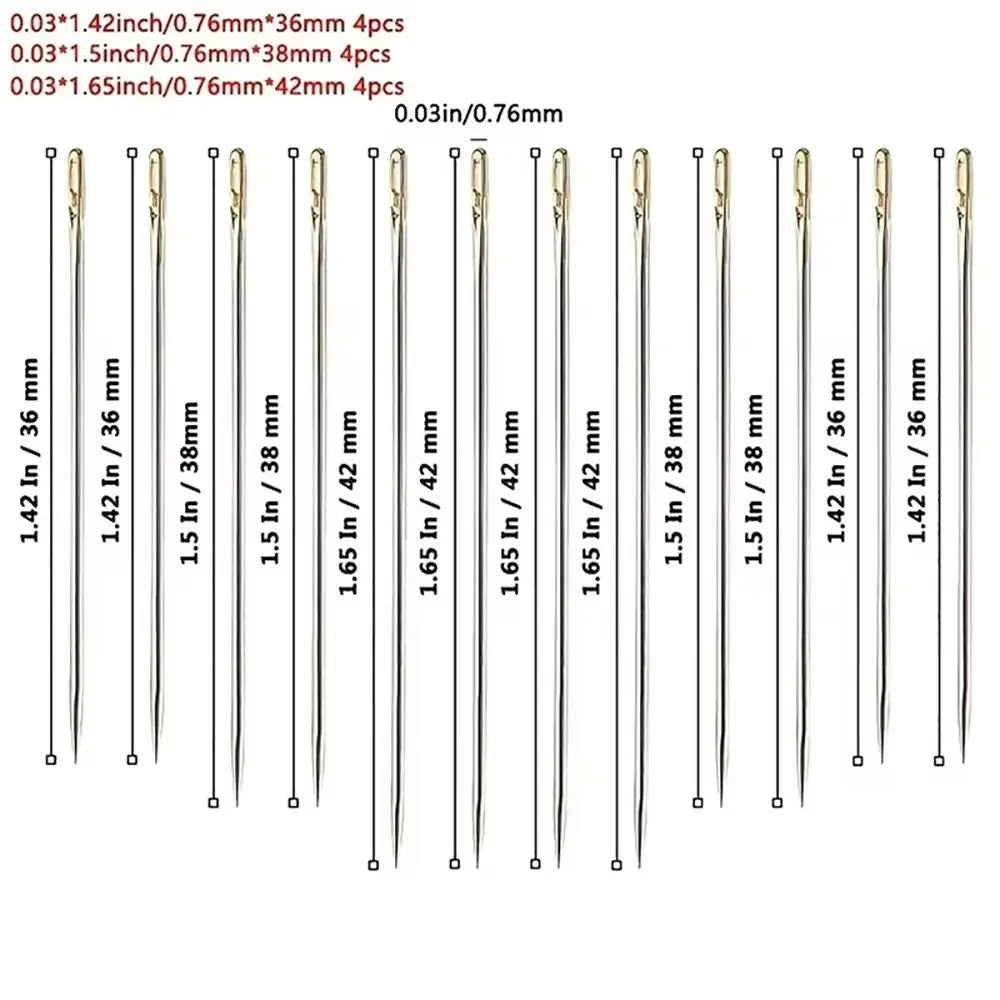 A set of stainless steel self-threading sewing needles in various sizes and lengths.