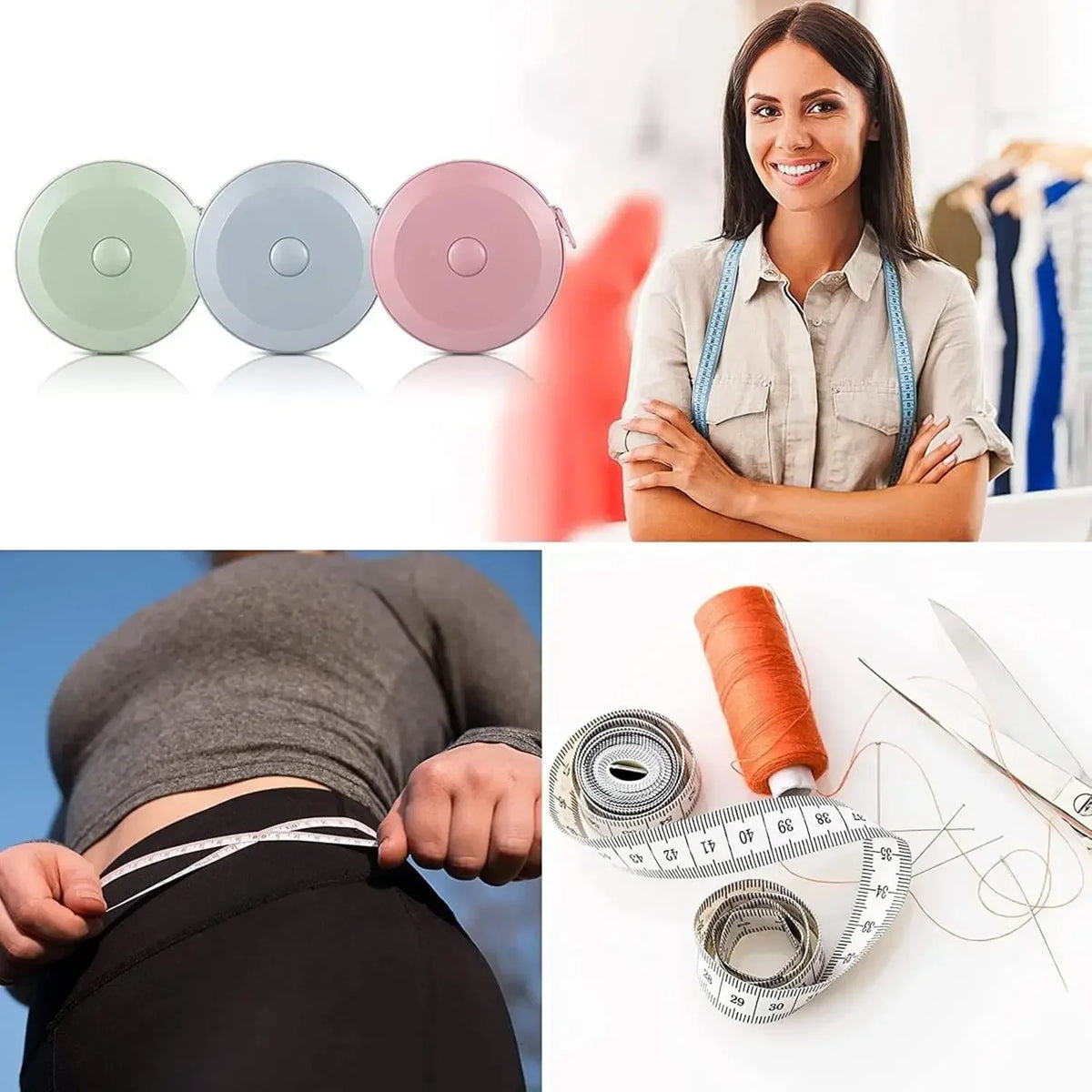 A woman holds a pink retractable double-sided measurement tape next to a gray and green version, with a measuring tape laid o