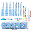 A set of ergonomic crochet hooks in various sizes and colors packaged with a blue floral patterned carrying case.