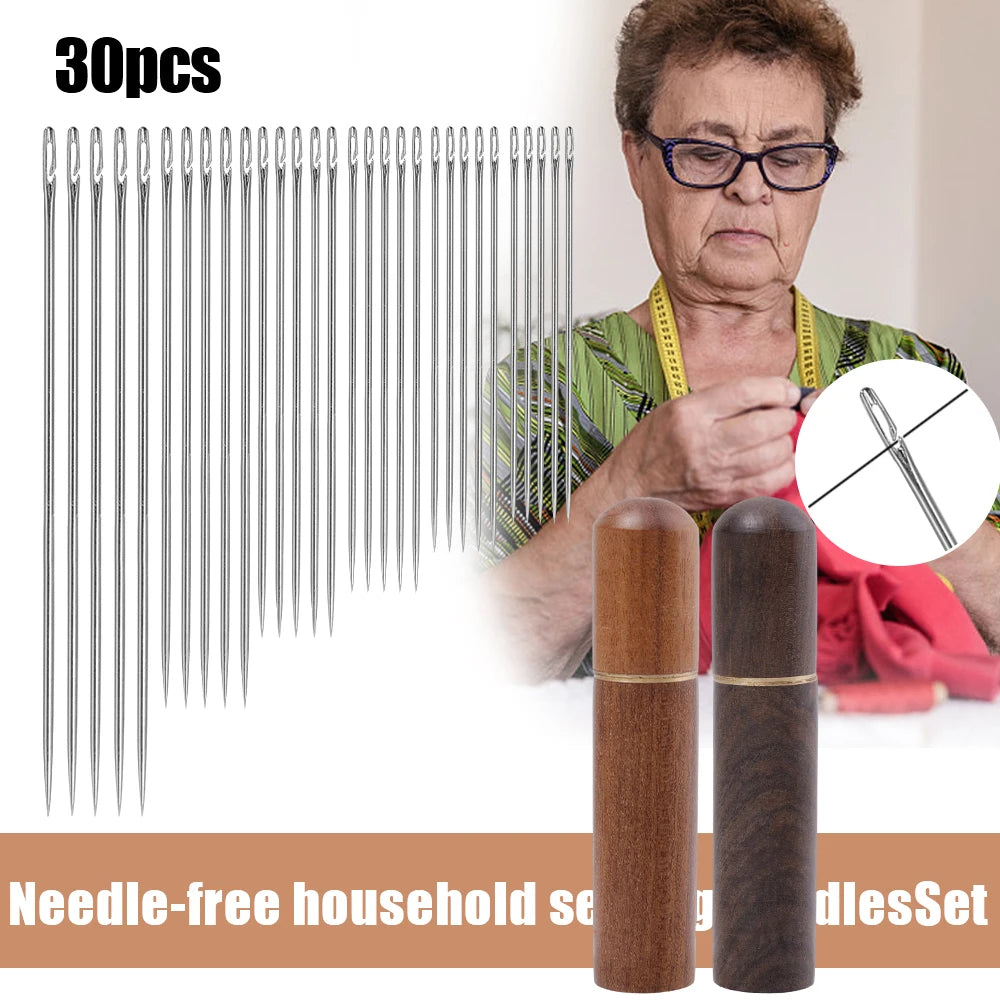 A set of 30 needle-free household sewing needles with wooden storage tubes shown next to an elderly woman.