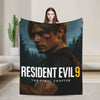A graphic throw blanket featuring a dark, intense portrait of a man from Resident Evil 9 titled The Final Chapter
