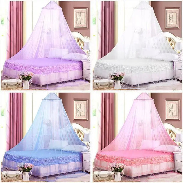 Various pink and purple princess dome mosquito nets displayed on beds in a bedroom setting.