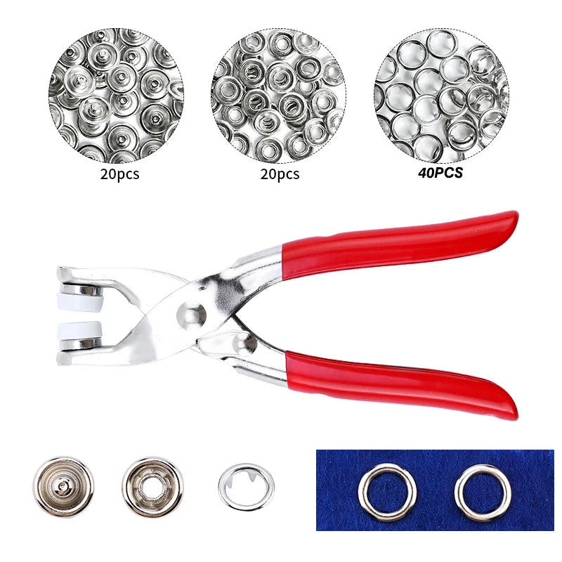 A set of heavy duty metal snap fasteners including various sizes and a pair of pliers.