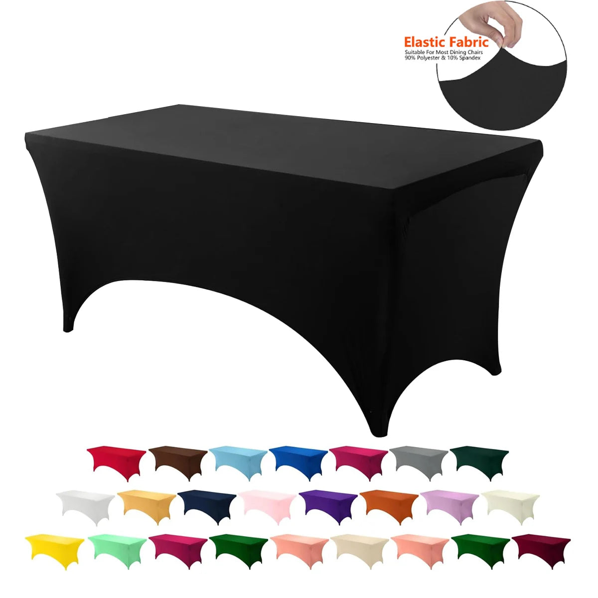 Black stretch tablecloth set for dining and event decor with various colored fabric options