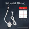 A white USB model 100mW red light laser pointer with a cord and cross-type aiming pattern.