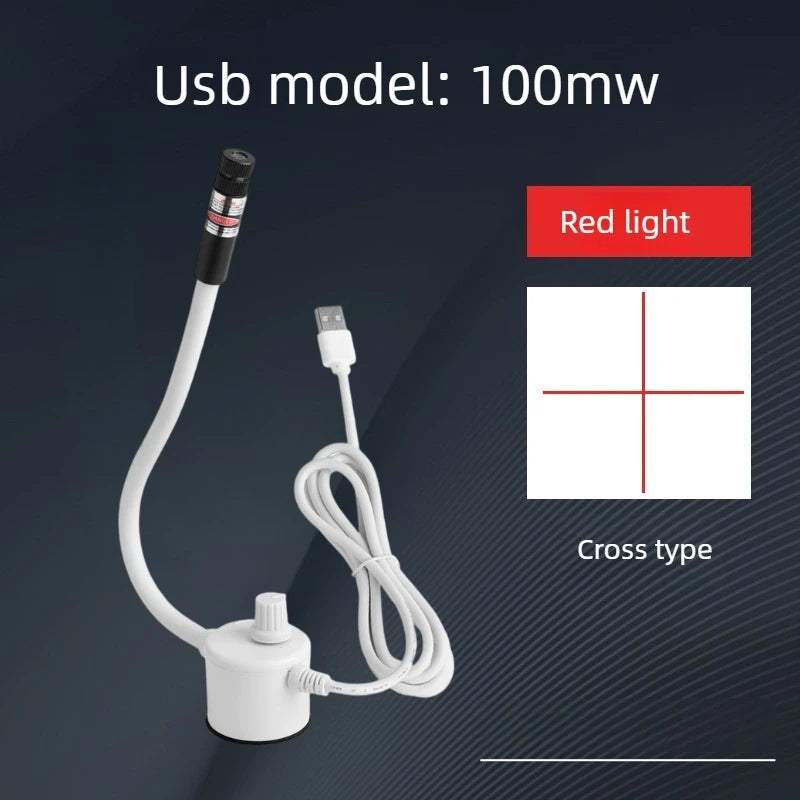 A white USB model 100mW red light laser pointer with a cord and cross-type aiming pattern.