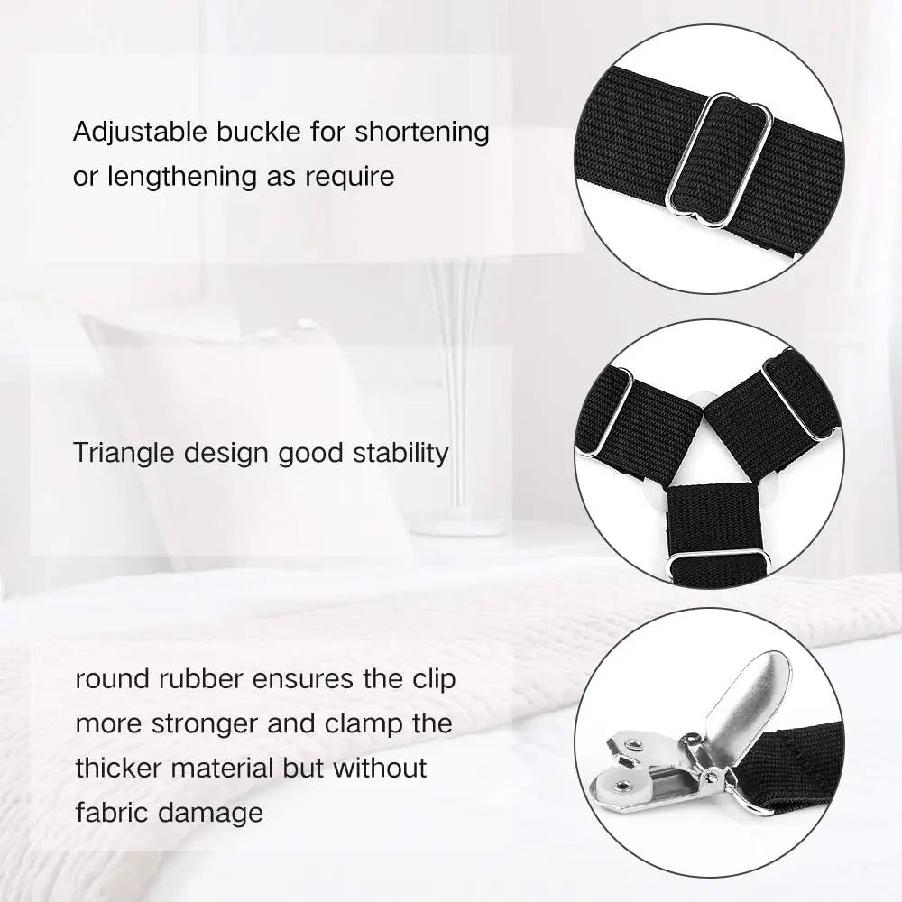 Black adjustable fabric clips for shortening or lengthening bed sheets, featuring a triangle design and round rubber for stro