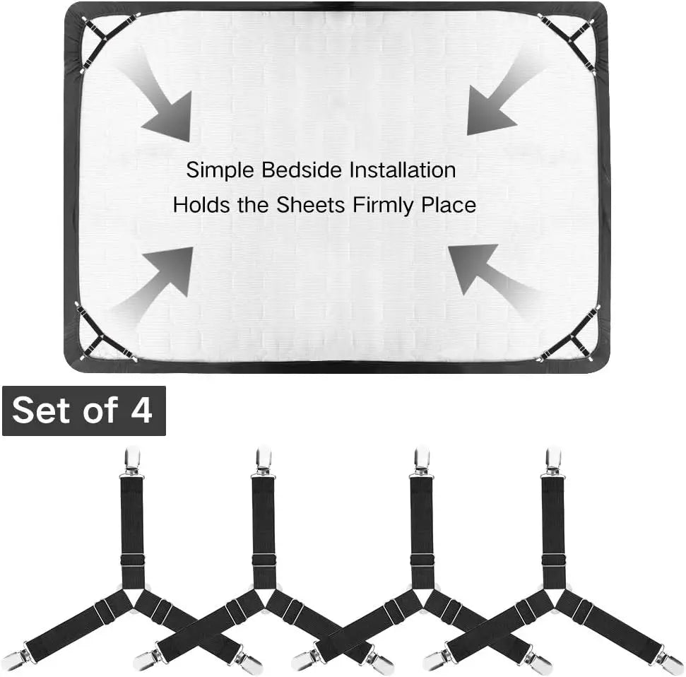 Set of four non-slip bedsheet installation clips and holders for firm placement.