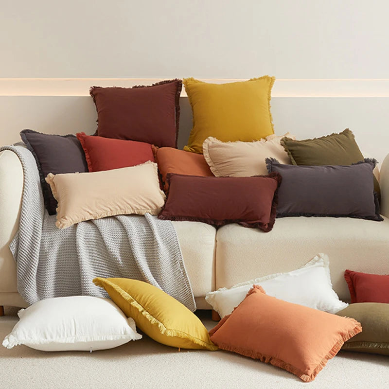 Washed Cotton Solid Cushion Cover with Tassel Fringe
