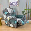 A gray and teal floral print recliner and sofa slipcover set displayed on a wooden floor.