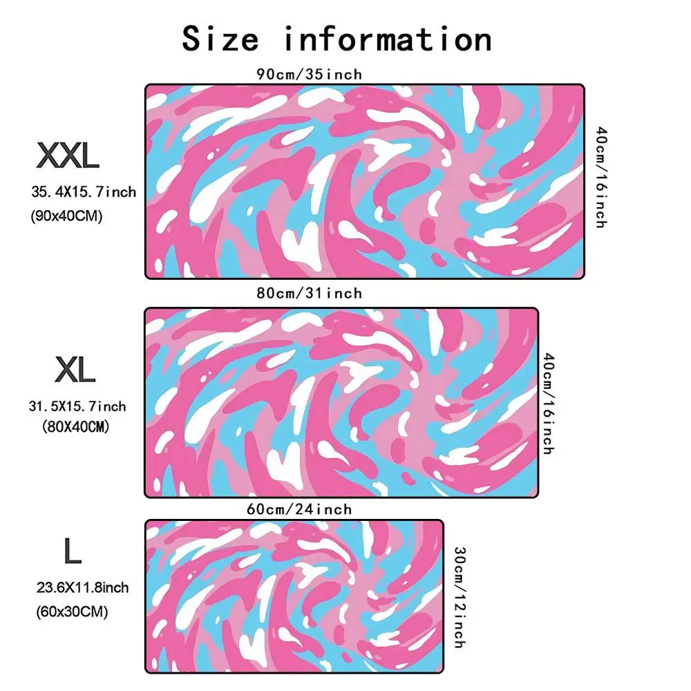 Size chart showing dimensions for XXL, XL, and L sizes of a large art vortex mouse pad.