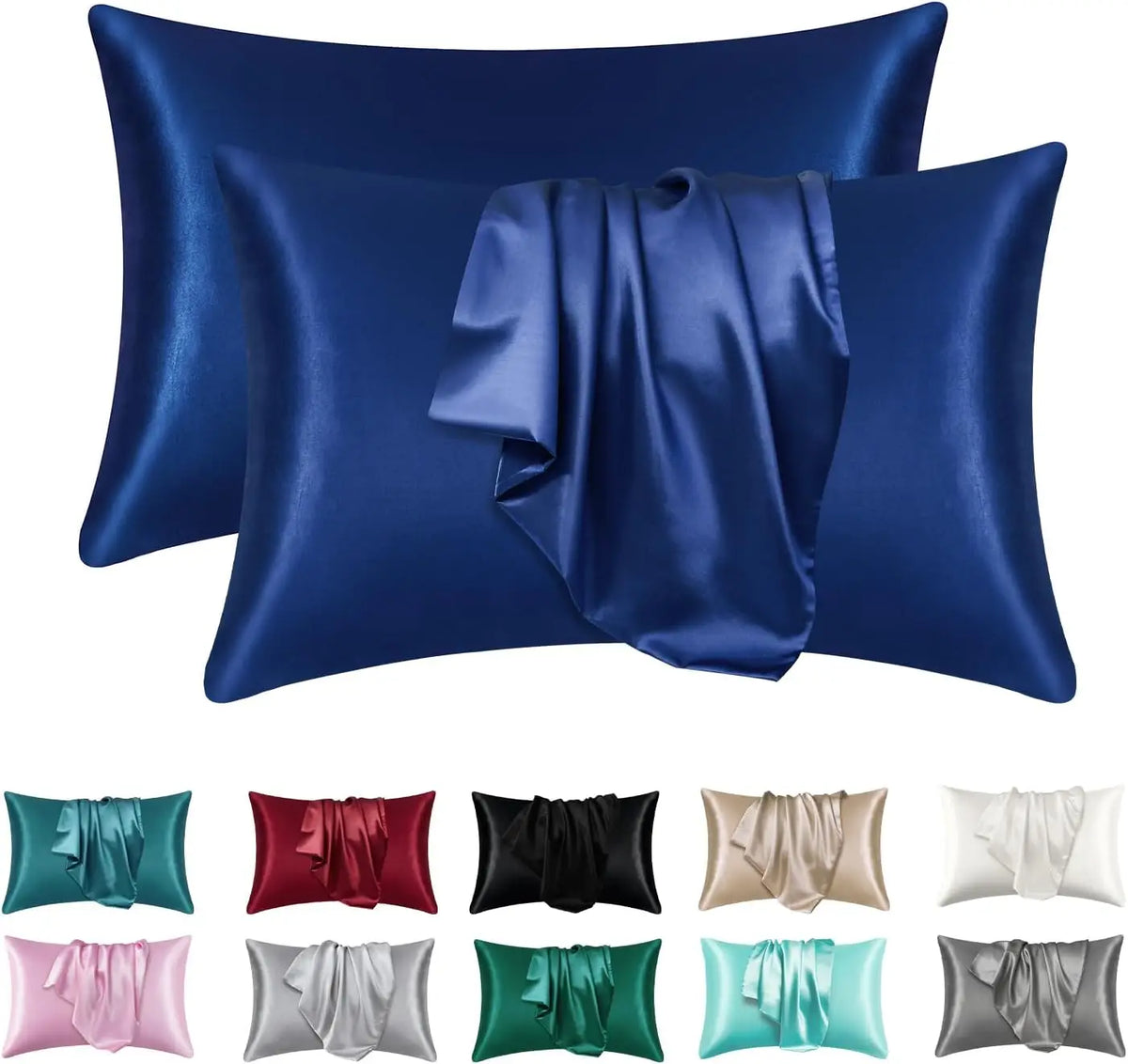 A set of satin pillowcases in various shades of blue, red, black, and white.