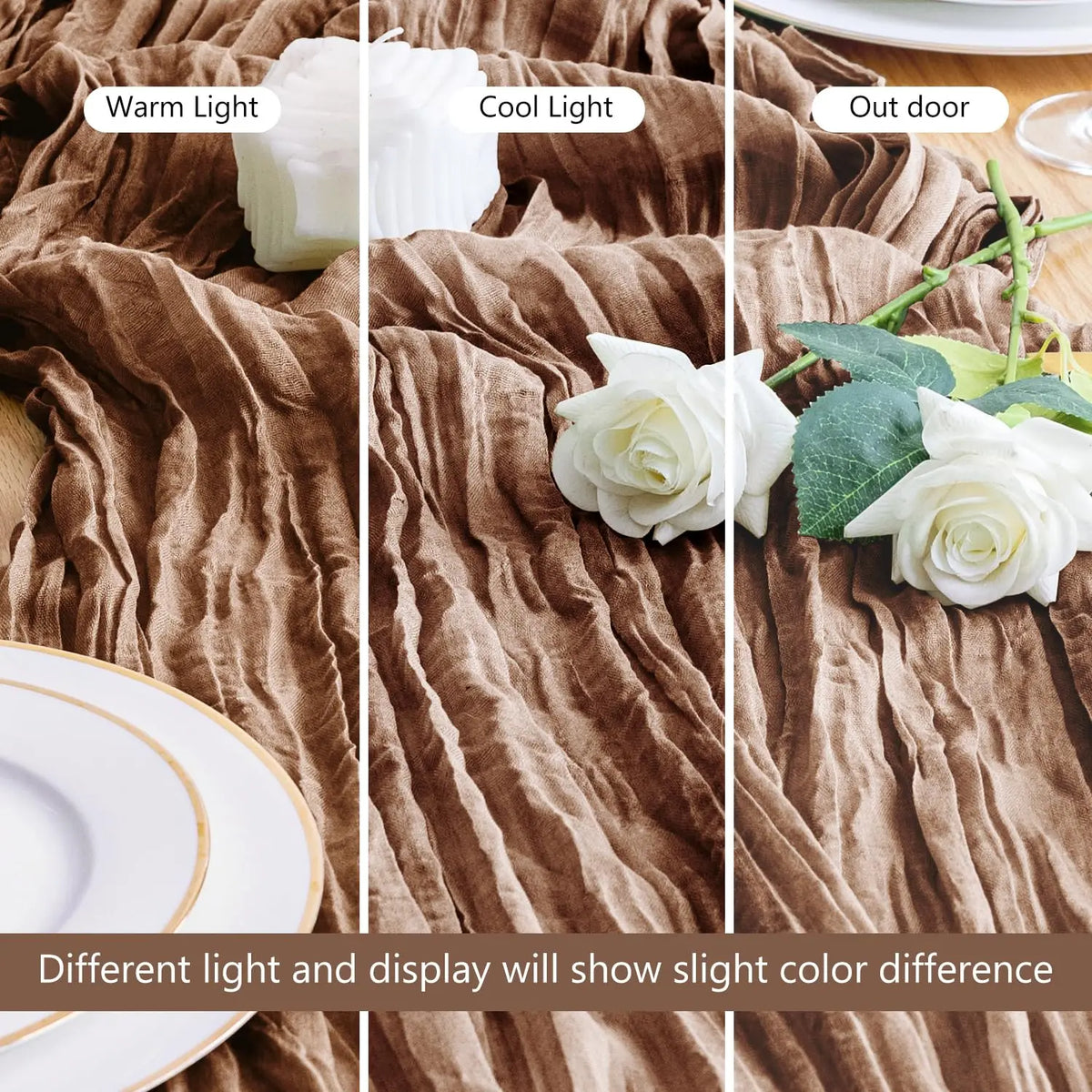 Boho brown cheesecloth table runner displaying warm and cool light effects with white roses