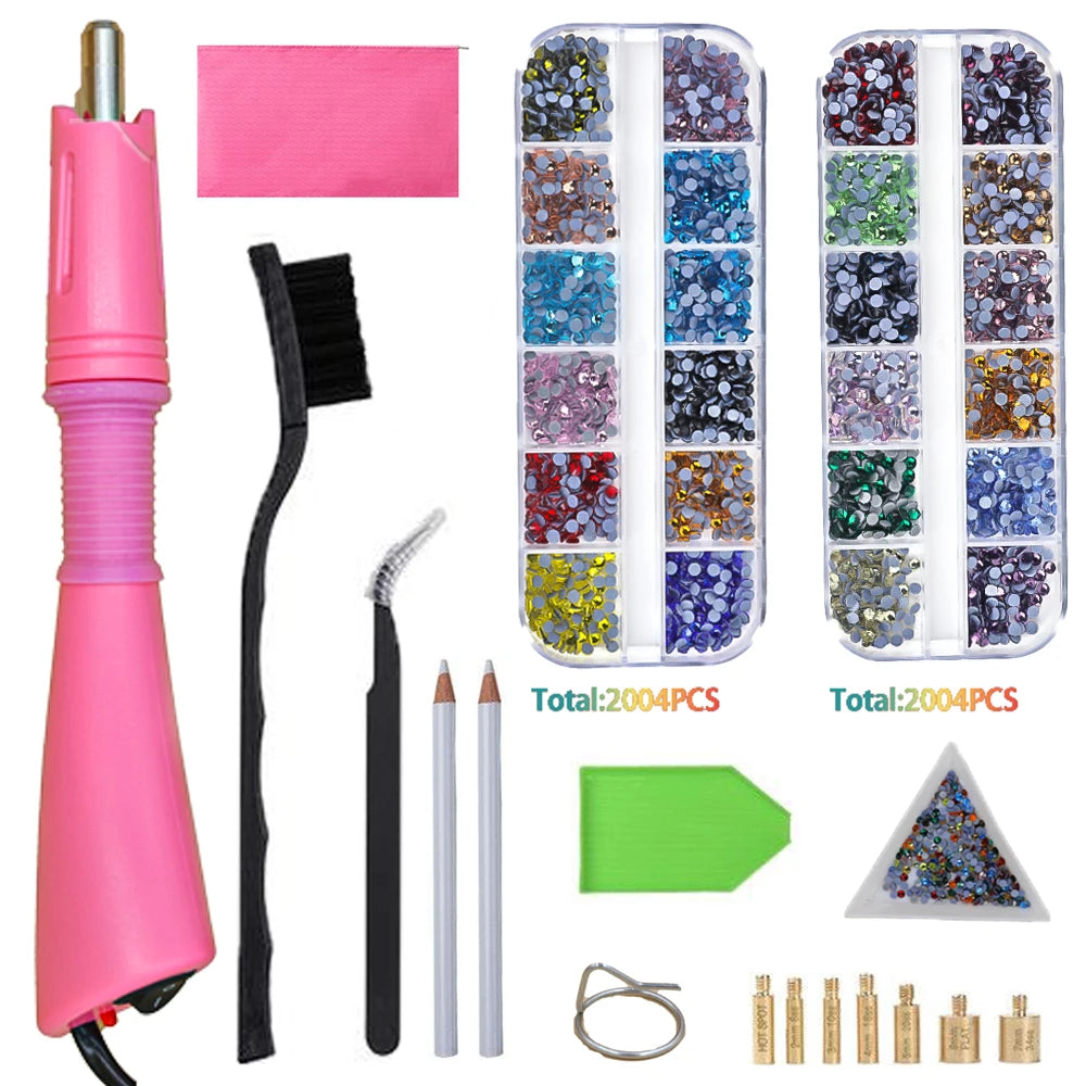 A set of crystal hot fix rhinestones, an applicator tool, and various tools for applying crystals.