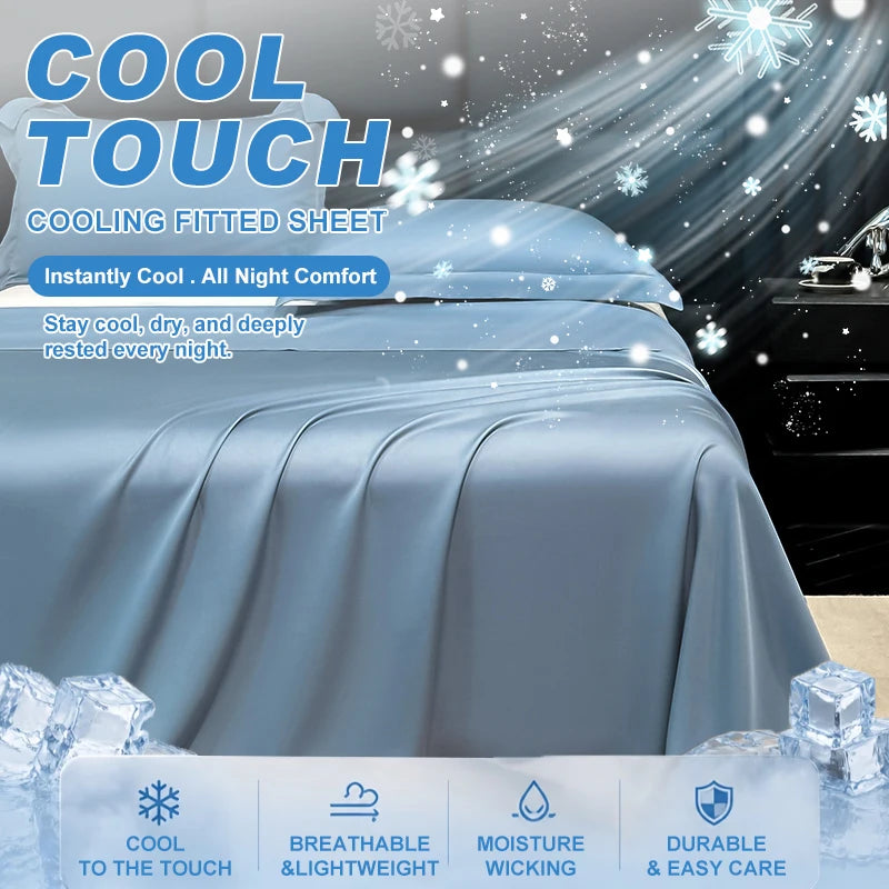 A blue cooling fitted sheet is shown on a bed, emphasizing cool touch and comfort features.