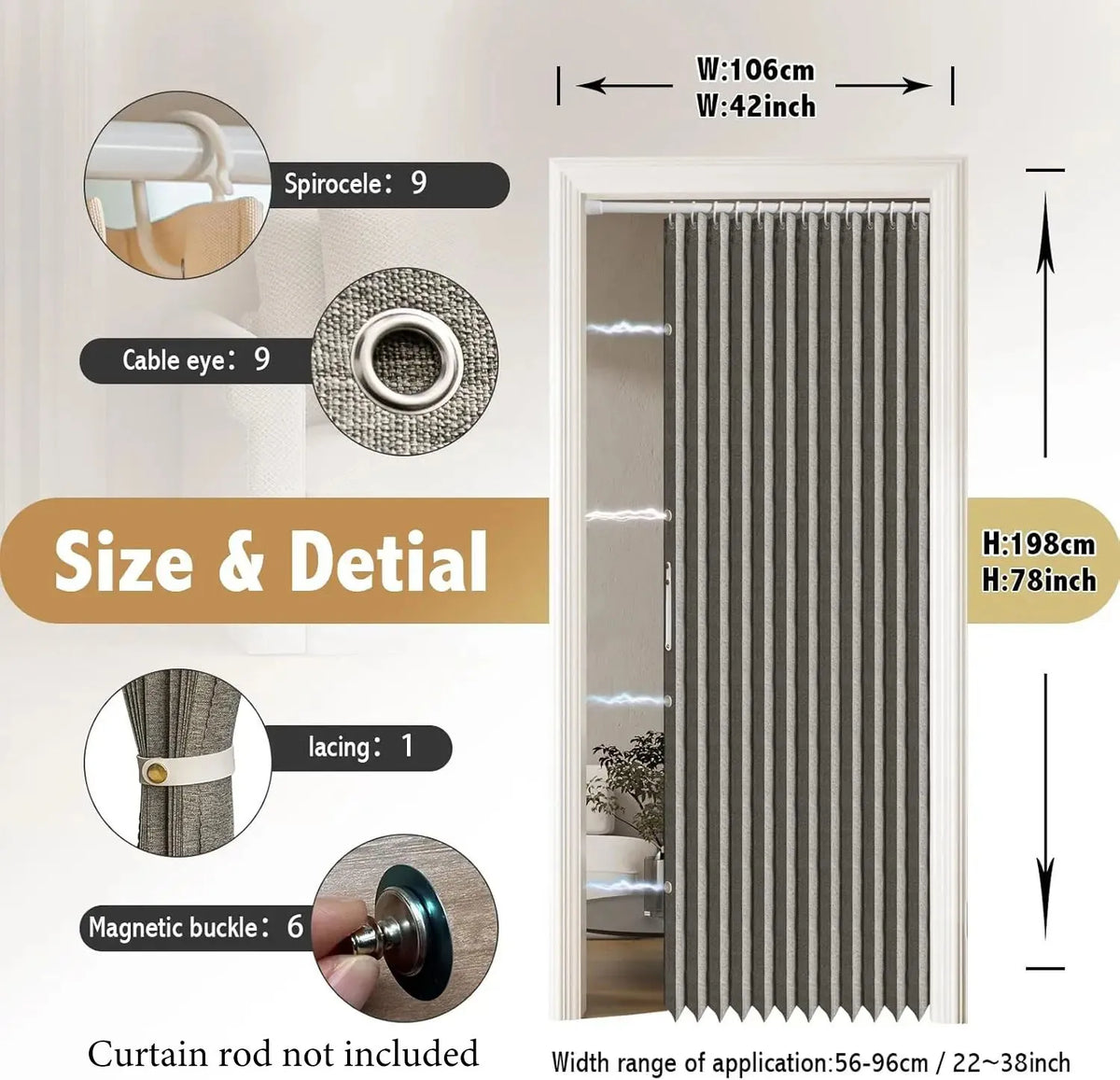 Magnetic accordion pleated door curtain in gray for closet room divider and shower