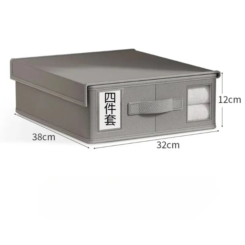 A rectangular gray non-woven fabric storage box with a handle and window, measuring 38cm by 32cm.