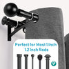 Black heavy duty double curtain rod brackets mounted on a gray fabric, suitable for 1 inch to 1.2 inch rods.