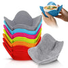 A set of colorful quilted silicone microwave bowl cozies in various shades including gray, blue, pink, yellow, and red.