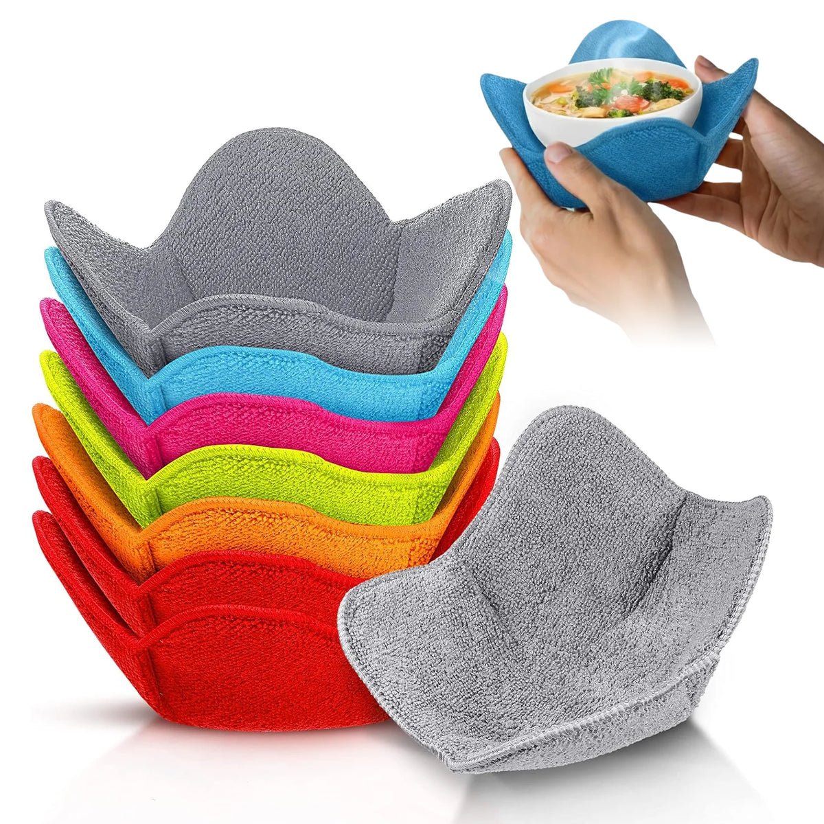 A set of colorful quilted silicone microwave bowl cozies in various shades including gray, blue, pink, yellow, and red.