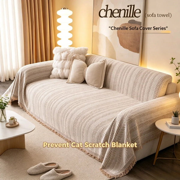 A beige chenille sofa cover blanket draped over a light-colored sofa with decorative pillows and a vertical light fixture.